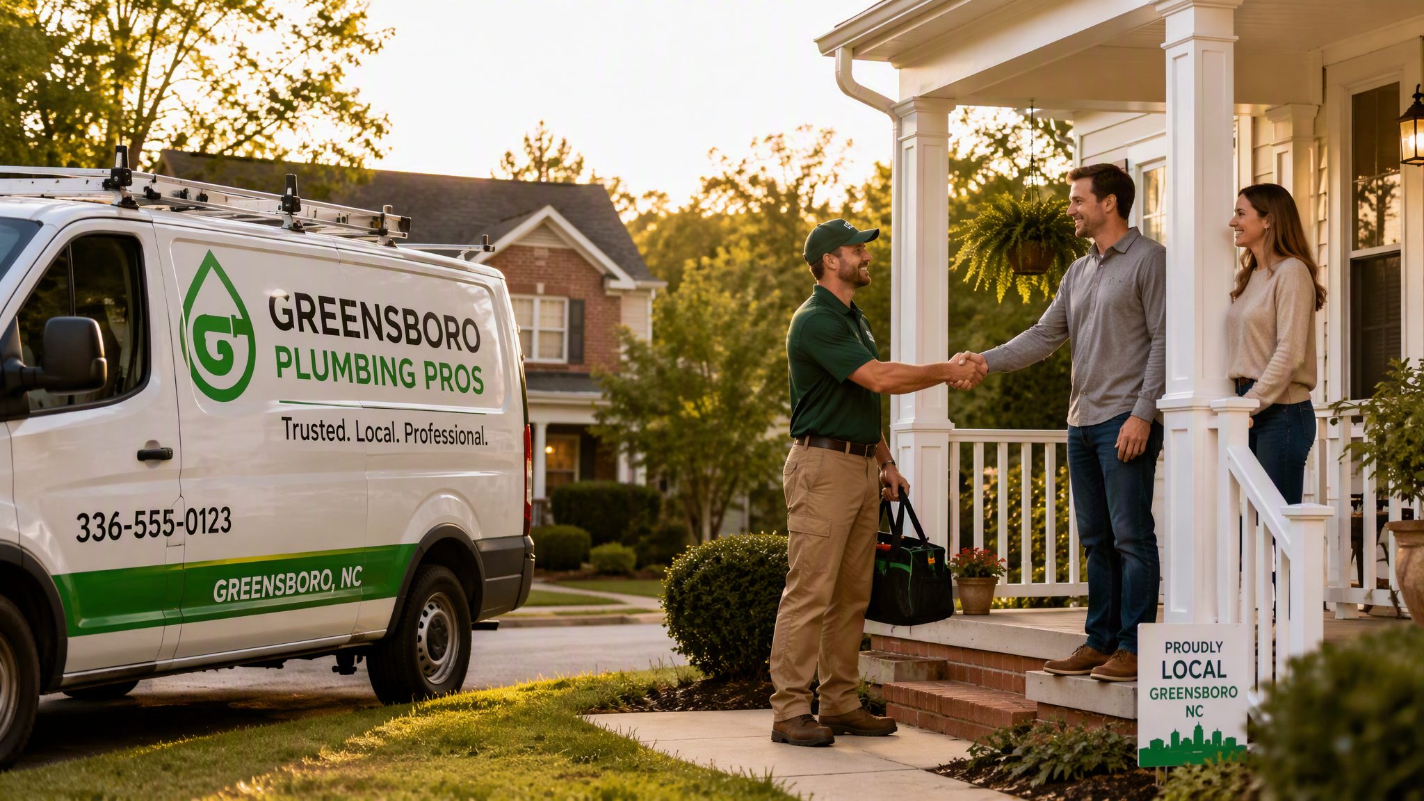 Plumber completing sewer line repairs and sewer line maintenance for a Greensboro family home
