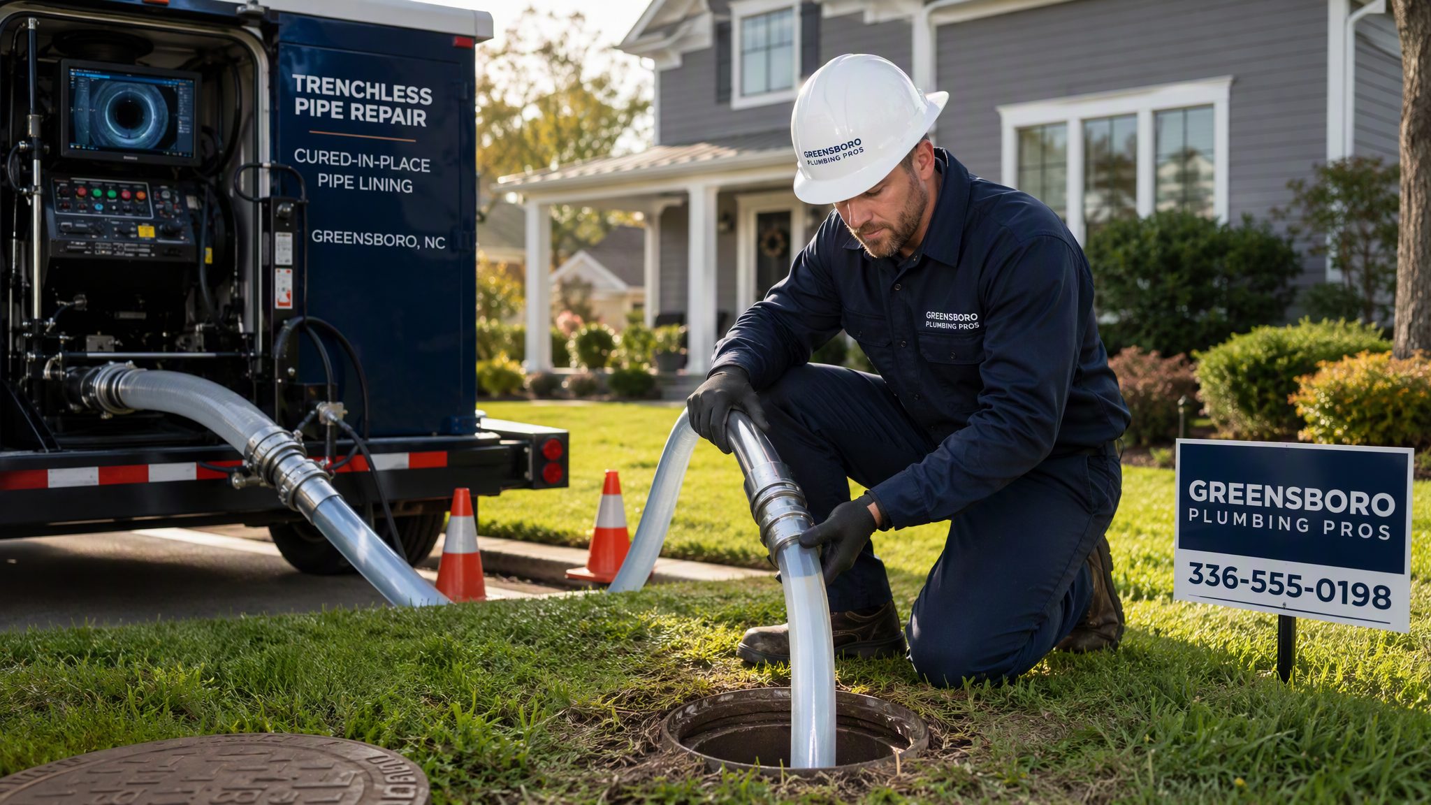 Trenchless sewer line repair crew performing CIPP sewer relining at a Greensboro, NC home